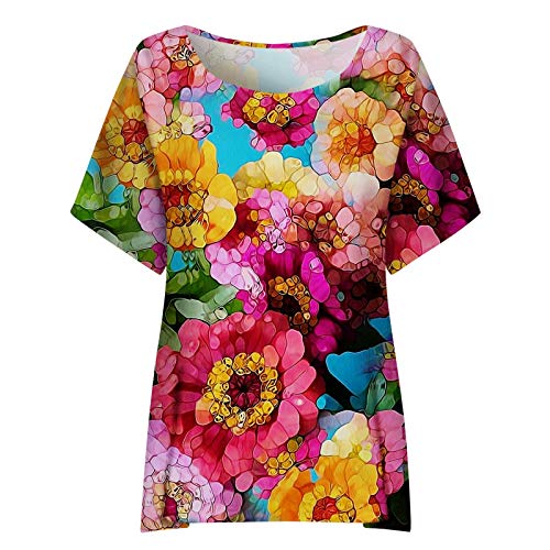 YANFANG Camiseta para Mujer Holgada de Manga Corta con Estampado Floral Boho Casual básica del estación Verano Primavera