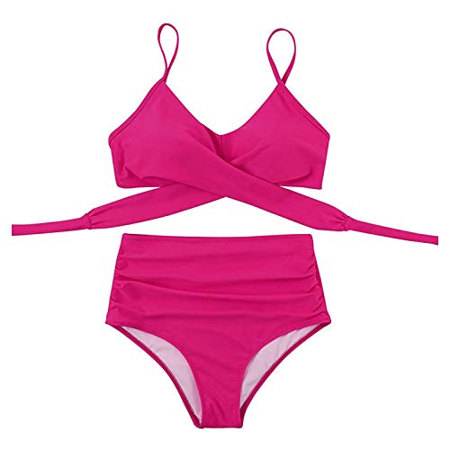 YANFANG Conjunto de Bikini con Estampado de Soild Sexy para Mujer Traje de baño Push Up Traje de baño de Cintura Alta,Suave Acolchado Tops y Braguitas Conjuntos Bikinis Bañador Brasileño,Hot Pink,XL