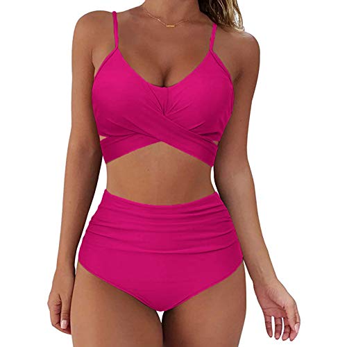 YANFANG Conjunto de Bikini con Estampado de Soild Sexy para Mujer Traje de baño Push Up Traje de baño de Cintura Alta,Suave Acolchado Tops y Braguitas Conjuntos Bikinis Bañador Brasileño,Hot Pink,M
