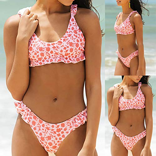 YANFANG Ropa de Playa de natación de Bikini de Cuerpo Dividido de Flor Rota Sexy de Color Rosa para Mujer 5 Piezas