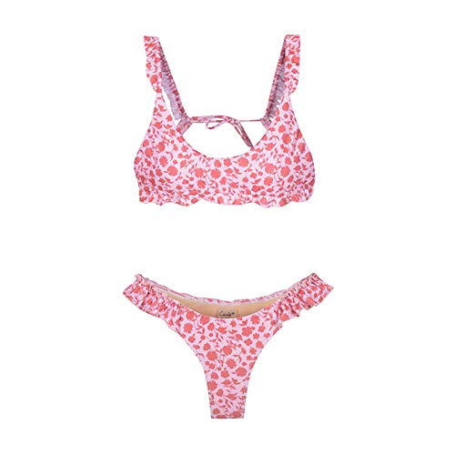 YANFANG Ropa de Playa de natación de Bikini de Cuerpo Dividido de Flor Rota Sexy de Color Rosa para Mujer 5 Piezas