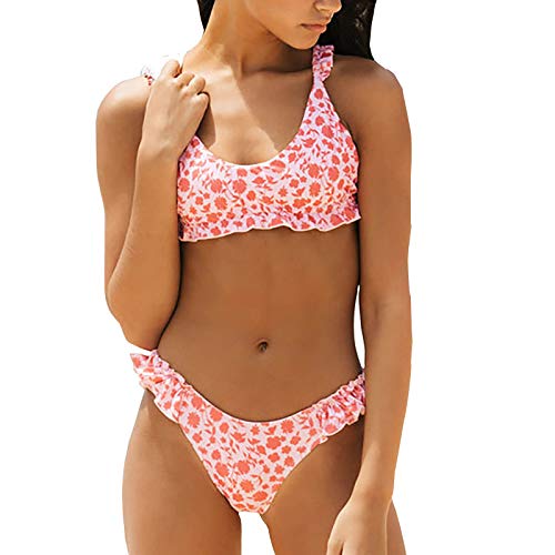 YANFANG Ropa de Playa de natación de Bikini de Cuerpo Dividido de Flor Rota Sexy de Color Rosa para Mujer 5 Piezas