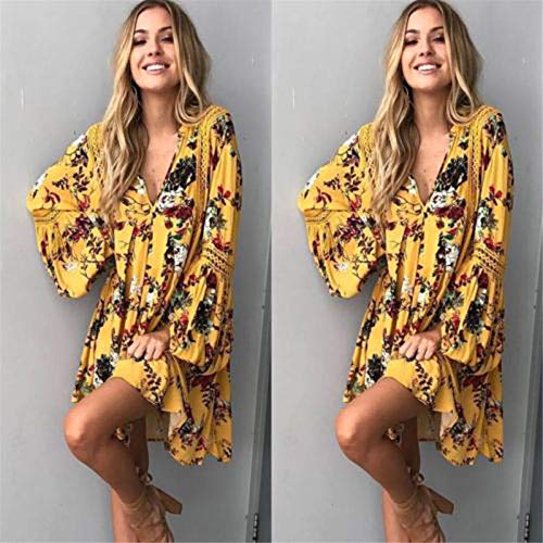 YANFANG Vestido para Mujer Bohemi Floral Largo Maxi,Vestido Holgado De Ocio, Fiesta Noche Mini Playa Tirantes,Amarillo,S/M/L/XL