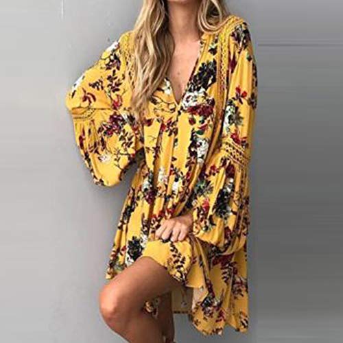 YANFANG Vestido para Mujer Bohemi Floral Largo Maxi,Vestido Holgado De Ocio, Fiesta Noche Mini Playa Tirantes,Amarillo,S/M/L/XL