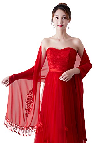 YAOMEI Mujer Bufanda Chales Estolas, Gasa BordadoMantón Estolas Fulares Bufanda Pañuelo bodas nupcial bridemaids Ropa de noche partido (Un tamaño: 86.6 * 19.7 pulgadas (220cm * 50cm), Rojo)