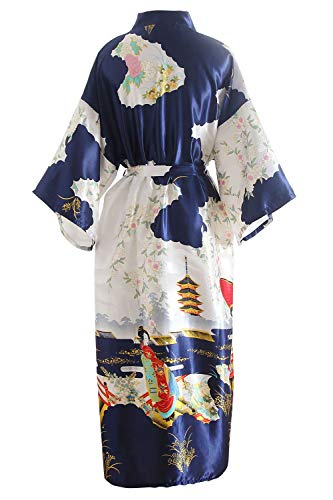 YAOMEI Novia Mujer Vestido Kimono Satén, Camisón para Mujer, Sedoso Flores de Geisha Robe Albornoz Dama de Honor Ropa de Dormir Pijama, S-2XL (Busto: 126cm, de S a 2XL, Azul)