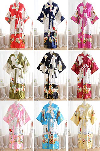 YAOMEI Novia Mujer Vestido Kimono Satén, Camisón para Mujer, Sedoso Flores de Geisha Robe Albornoz Dama de Honor Ropa de Dormir Pijama, S-2XL (Busto: 126cm, de S a 2XL, Azul)