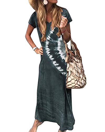 Yesgirl Vestidos Mujer Casual Playa Largos De Color De Las Mujeres De Manga Corta NiñA CóCtel De Las Verano Tie Dye Vestido Boho Falda Larga Maxi Vestido Playeros B Verde Oscuro 40