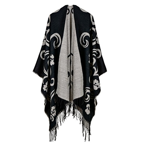 YianBestja Mujeres Poncho Cardigan de Punto con Bloques de Colores de Gran Tamaño Manta Capas Bufanda Chal Invierno con Flecos (53-1)