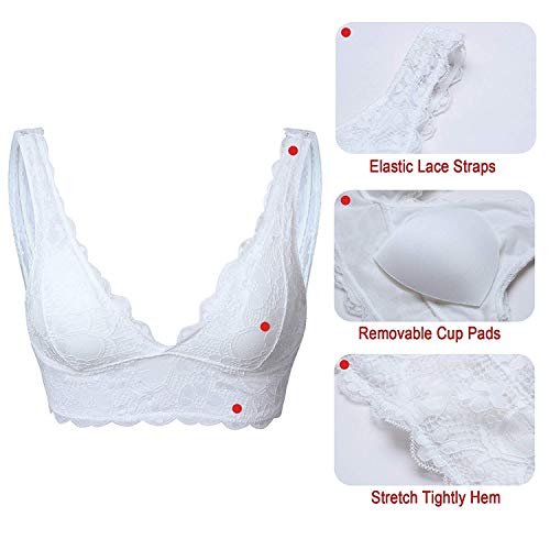 YIANNA Mujer Bralette Sujetador Encaje con Relleno Retirable Sujetadores sin Aro Push up Lace Bra Top de Blanco, 7120 Size M