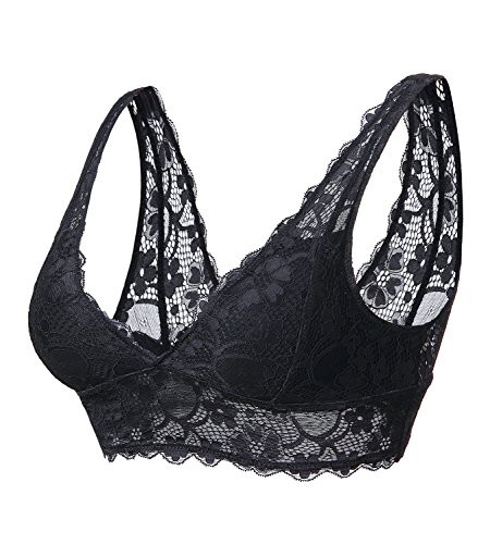 YIANNA Mujer Sujetador Bralette Encaje con Relleno Retirable Sujetadores Top sin Aro Push up Lace Bra Negro, 7120 Size XL
