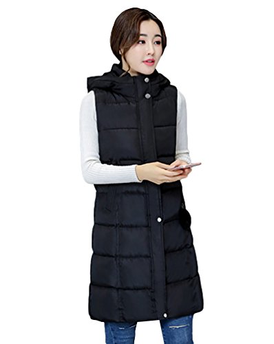 Yiiquan – Chaleco acolchado largo para mujer con capucha, talla grande, chaleco abrigado para invierno Negro XL