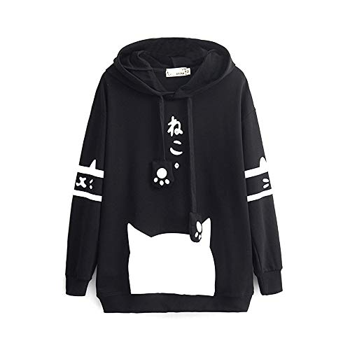 YIKEYO Sudadera Chica Adolescente con Capucha Tumblr Talla Grande Sudaderas Mujer Juveniles con Estampado de Kawaii Gato Casual Ropa Top Invierno Otoño (#2-Negro, XXXXL)