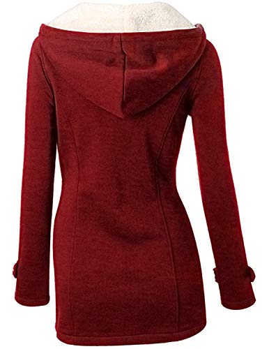 YIPIN Abrigos Mujer Sudadera con Capucha Chaqueta Larga Otoño Invierno Horn Botones Clásico Pullover Hoodie Outwear Oficina,Rojo Vino,M