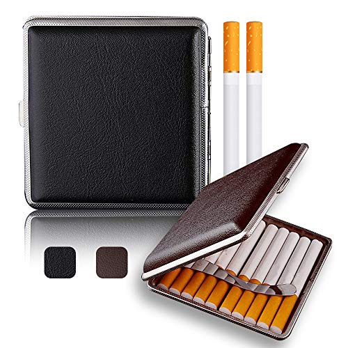 Yisika Estuche de Cuero para Cigarrillos,Caja de Cigarrillos,Estuche de Almacenamiento de Cigarrillos 2 Piezas Marco de Metal Exquisito y Portátil con Capacidad para 20 Cigarrillos (Negro, Marrón)