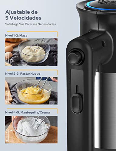 YISSVIC Batidora de Varillas Batidora y Amasadora Repostería con 2 Varillas y 2 Ganchos, 5 Velocidades y Función Turbo, 300W Negro