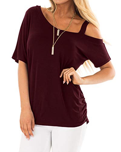 YOINS - Blusa de manga corta para mujer con un hombro descubierto - Camiseta de verano de estilo informal y de color liso