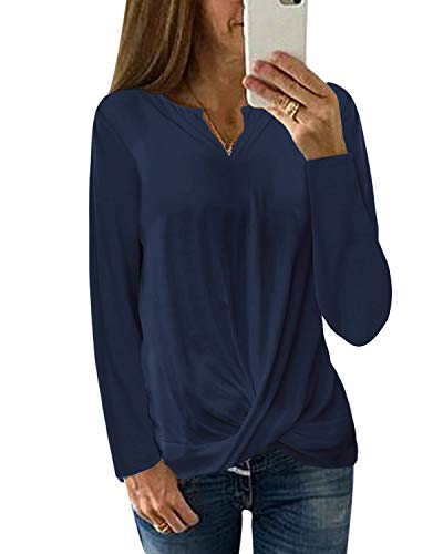 YOINS Blusa de Manga Larga para Mujer, Sexy, Cuello en V, Parte Delantera, Lisa, Chaleco para Mujer A-Manga Larga-Azul XXL