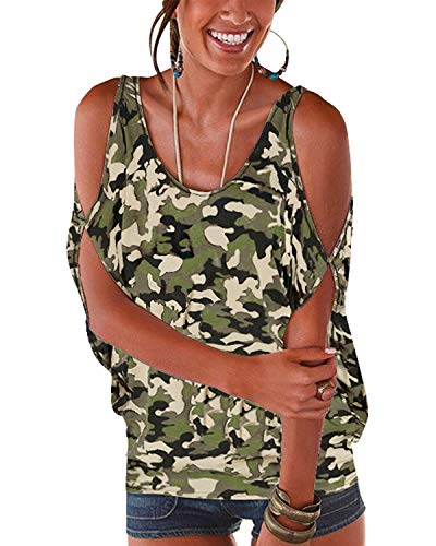 YOINS - Blusa informal de verano con los hombros descubiertos, cuello escotado, cierre anudado y estampado floral para mujer Camuflaje-verde claro XL
