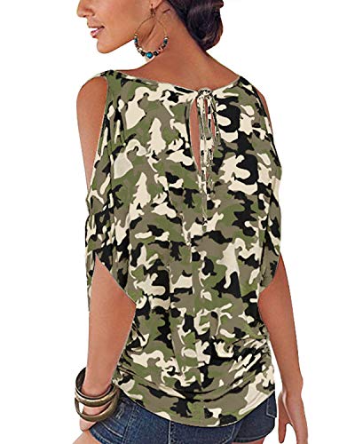 YOINS - Blusa informal de verano con los hombros descubiertos, cuello escotado, cierre anudado y estampado floral para mujer Camuflaje-verde claro XL