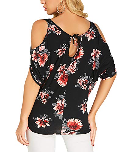 YOINS - Blusa informal de verano con los hombros descubiertos, cuello escotado, cierre anudado y estampado floral para mujer Floral-b-negro XS
