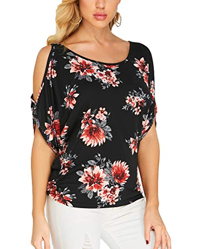 YOINS - Blusa informal de verano con los hombros descubiertos, cuello escotado, cierre anudado y estampado floral para mujer Floral-b-negro XS