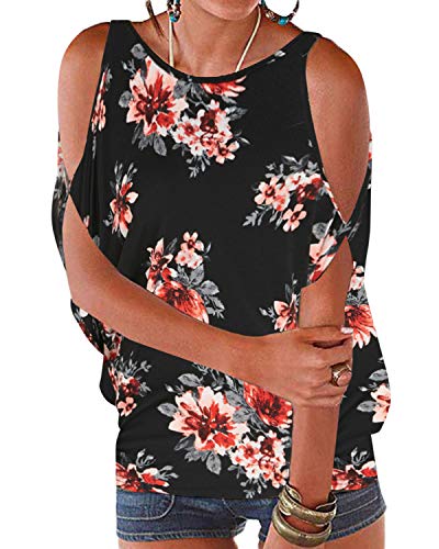 YOINS - Blusa informal de verano con los hombros descubiertos, cuello escotado, cierre anudado y estampado floral para mujer Floral-b-negro XS