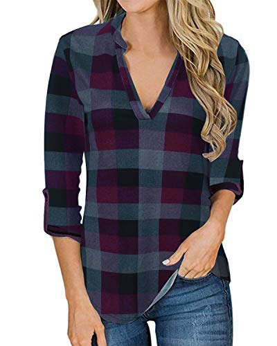 YOINS Blusa Mujer Manga Larga Camiseta Cuello V Camisa Elegante Túnica Casual SueltoTops Otoño Invierno Fucsia XL