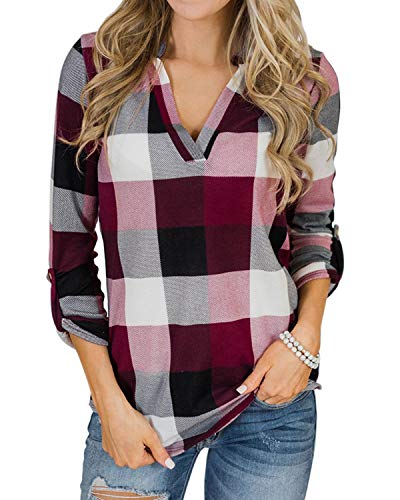 YOINS Blusa Mujer Manga Larga Camiseta Cuello V Camisa Elegante Túnica Casual SueltoTops Otoño Invierno Rosa L