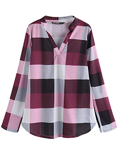 YOINS Blusa Mujer Manga Larga Camiseta Cuello V Camisa Elegante Túnica Casual SueltoTops Otoño Invierno Rosa XXL