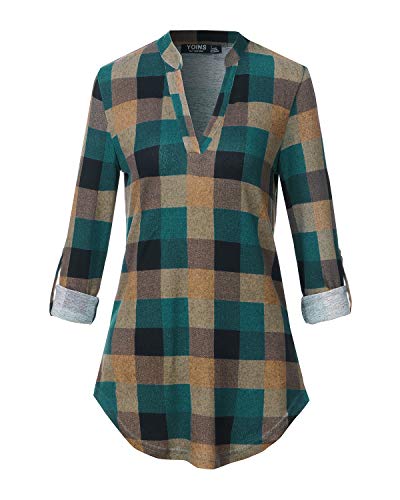 YOINS Blusa Mujer Manga Larga Camiseta Cuello V Camisa Elegante Túnica Casual SueltoTops Otoño Invierno Verde M