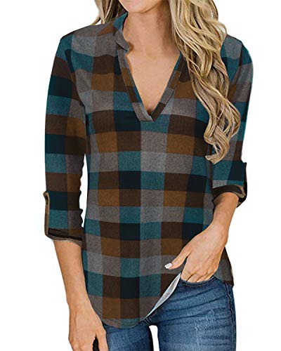 YOINS Blusa Mujer Manga Larga Camiseta Cuello V Camisa Elegante Túnica Casual SueltoTops Otoño Invierno Verde M