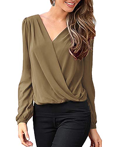 YOINS Blusa Sexy Mujer Elegante Camisa de Manga Larga Parte Delantera Cruzada Tops con Cuello en V de Primavera Invierno Puntiaguda Albaricoque L