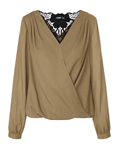 YOINS Blusa Sexy Mujer Elegante Camisa de Manga Larga Parte Delantera Cruzada Tops con Cuello en V de Primavera Invierno Puntiaguda Albaricoque L
