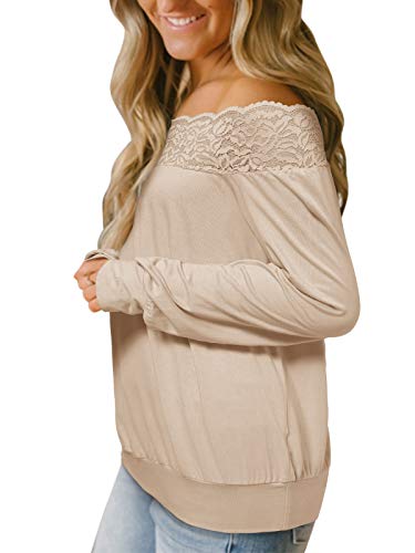 YOINS Camisa para Mujer Invierno Manga Larga Camisas de Encaje con Hombros Descubiertos Blusa Informal B-Beige S