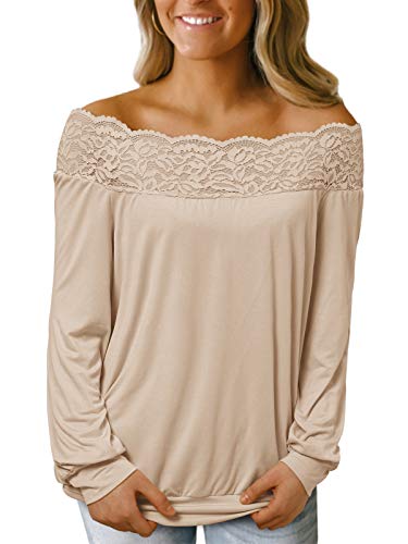 YOINS Camisa para Mujer Invierno Manga Larga Camisas de Encaje con Hombros Descubiertos Blusa Informal B-Beige S