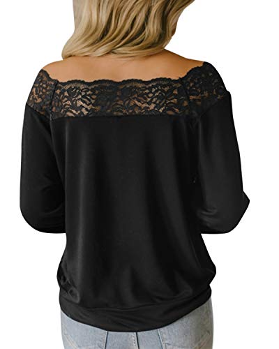 YOINS Camisa para Mujer Invierno Manga Larga Camisas de Encaje con Hombros Descubiertos Blusa Informal B-Negro S