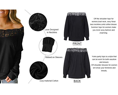 YOINS Camisa para Mujer Invierno Manga Larga Camisas de Encaje con Hombros Descubiertos Blusa Informal B-Negro S