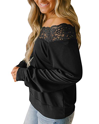 YOINS Camisa para Mujer Invierno Manga Larga Camisas de Encaje con Hombros Descubiertos Blusa Informal B-Negro S