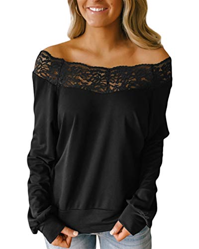 YOINS Camisa para Mujer Invierno Manga Larga Camisas de Encaje con Hombros Descubiertos Blusa Informal B-Negro S
