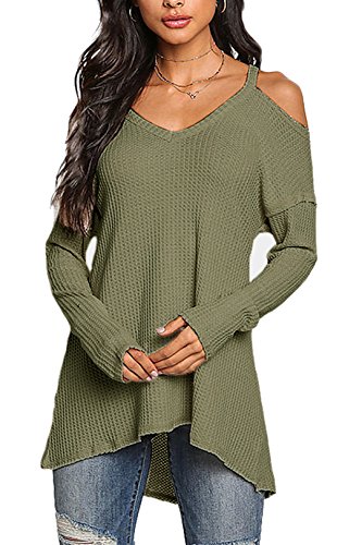 YOINS Camiseta Mujer de Manga Larga Camisa con Hombros Fríos Color Sólido Cuello en V Blusa Verde S