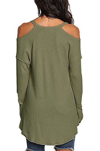 YOINS Camiseta Mujer de Manga Larga Camisa con Hombros Fríos Color Sólido Cuello en V Blusa Verde S