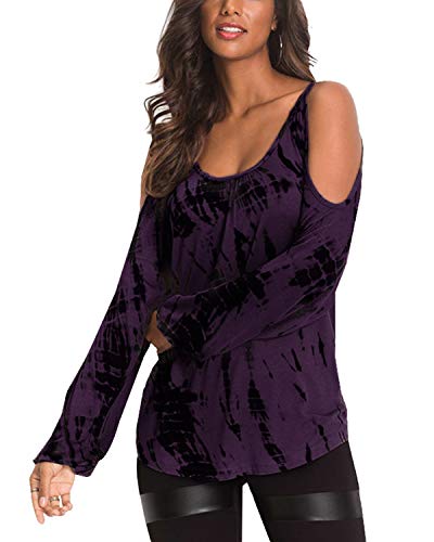 YOINS Camiseta Mujer Elegante de Manga Larga Camisa de Hombro Frío Blusa Casual Fiesta Tops Fucsia-Nuevo L