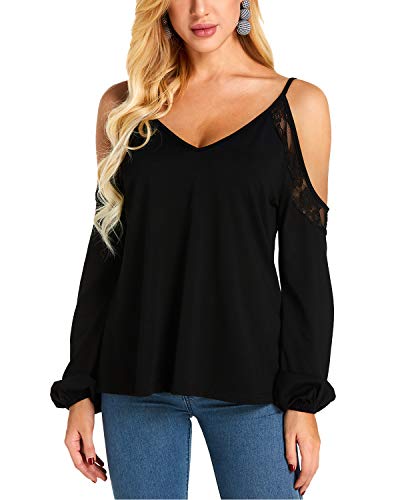 YOINS Camiseta Mujer Elegante de Manga Larga Camisa de Hombro Frío Blusa Casual Fiesta Tops Negro-02 S