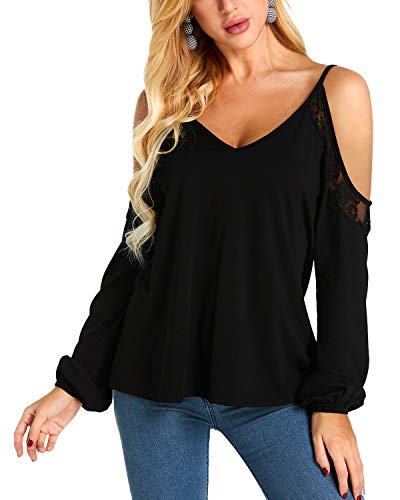 YOINS Camiseta Mujer Elegante de Manga Larga Camisa de Hombro Frío Blusa Casual Fiesta Tops Negro-02 S