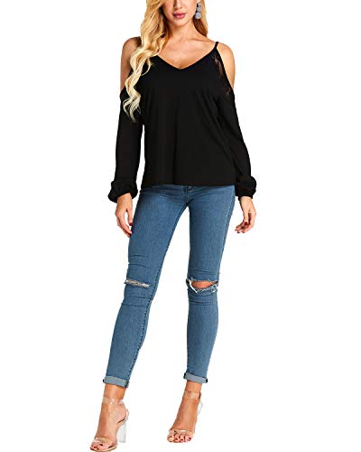 YOINS Camiseta Mujer Elegante de Manga Larga Camisa de Hombro Frío Blusa Casual Fiesta Tops Negro-02 XXL