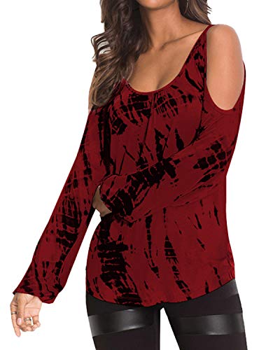 YOINS Camiseta Mujer Elegante de Manga Larga Camisa de Hombro Frío Blusa Casual Fiesta Tops Rojo S