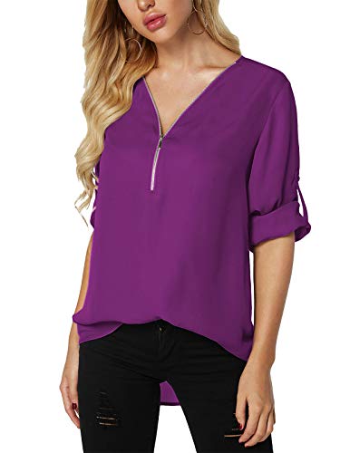 YOINS Camiseta Mujer Manga Larga Camisa V Cuello de Gasa Blusa de Otoño Cremallera Tops Púrpura-Nuevo S