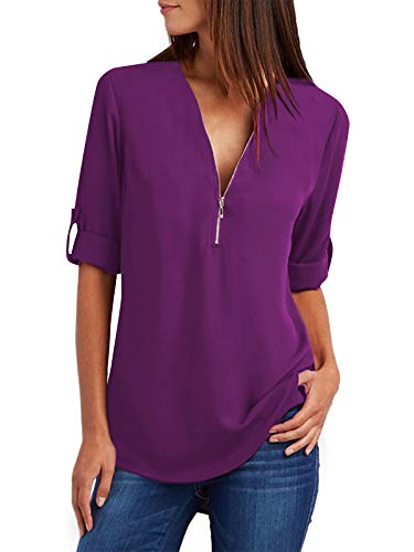YOINS Camiseta Mujer Manga Larga Camisa V Cuello de Gasa Blusa de Otoño Cremallera Tops Púrpura-Nuevo S