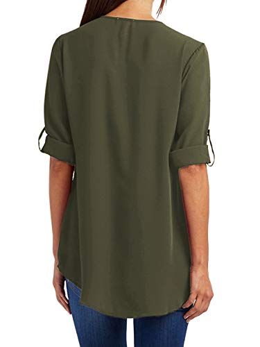 YOINS Camiseta Mujer Manga Larga Camisa V Cuello de Gasa Blusa de Otoño Cremallera Tops Verde-Nuevo M